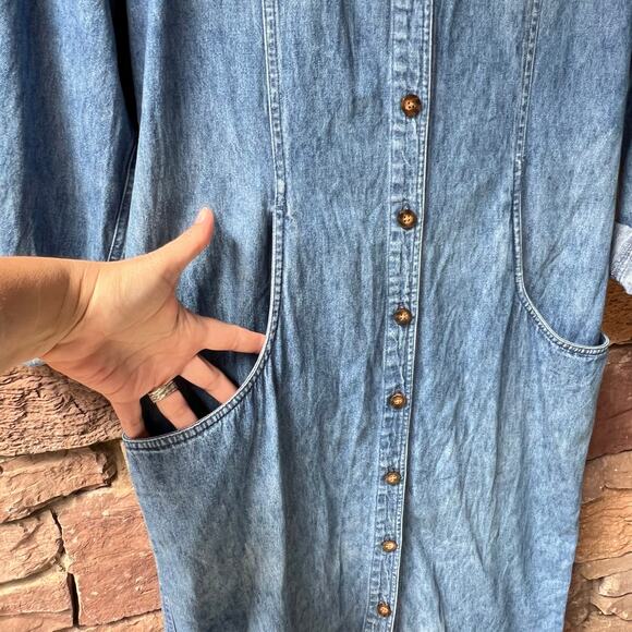 VTG Eddie Bauer Denim Long Sleeve Button Up Maxi Dress Prairie Cottage Modest - Picture 9 of 16